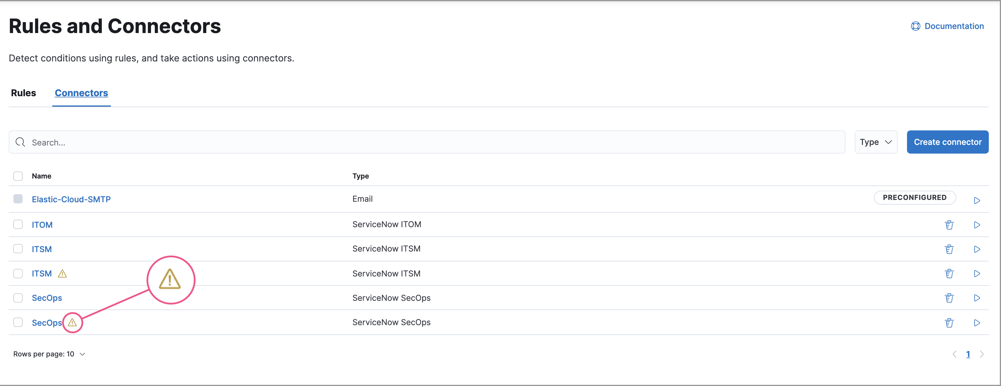 Shows deprecated ServiceNow connectors