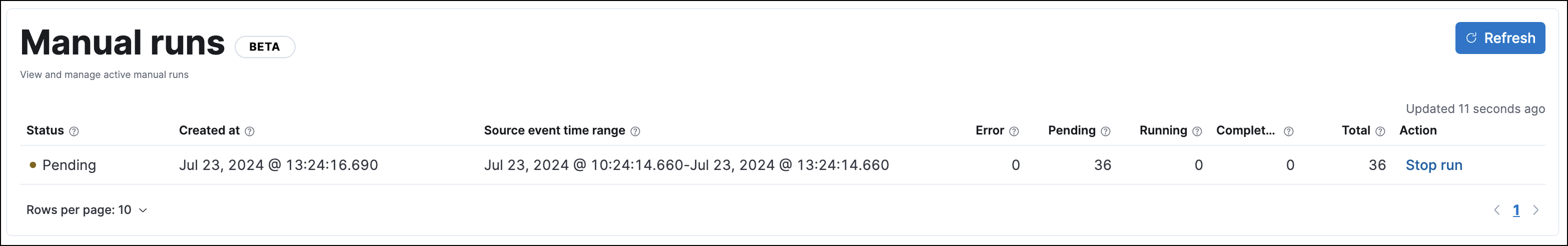 Manual rule runs table on the rule execution results tab