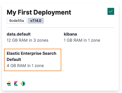 The My First Deployment card in the ECE UI now shows Elastic Enterprise Search sized at 4GB RAM in 1 zone The My First Deployment card in the ECE UI now shows Elastic Enterprise Search sized at 4GB RAM in 1 zone
