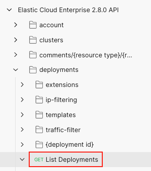 The 'List Deployments' GET request in the request collection The 'List Deployments' GET request in the request collection