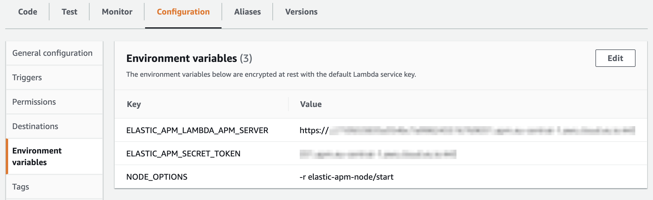 Node.js environment variables configuration section in AWS Console