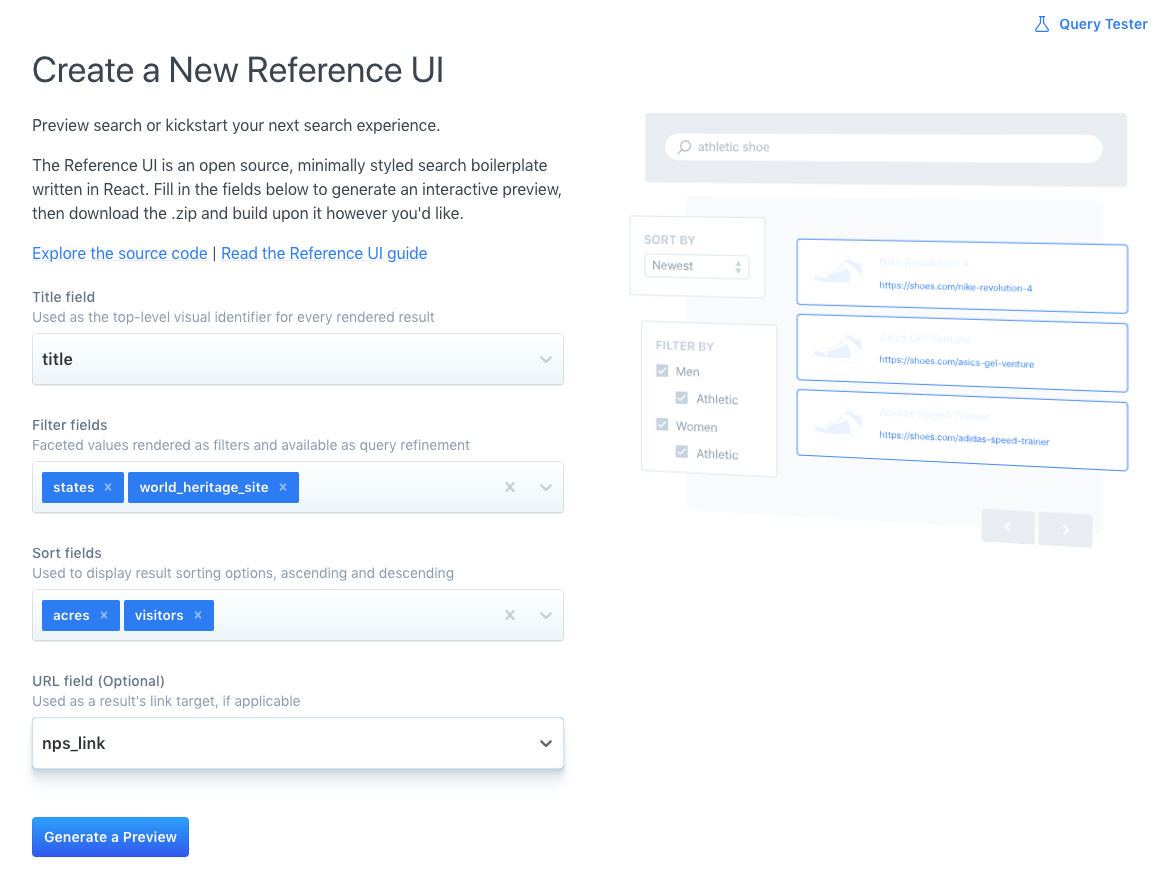 The reference UI populated with fields matching the above National Parks schema. Details on the configuration can be sussed out from a soon-to-appear JSON object.