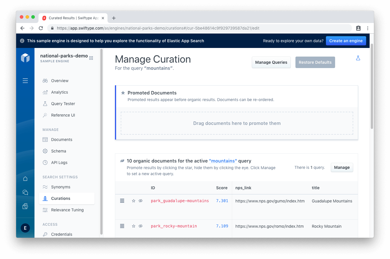 The curations view will gather the top organic results for your provided query. You can then promote or hide results within the set.