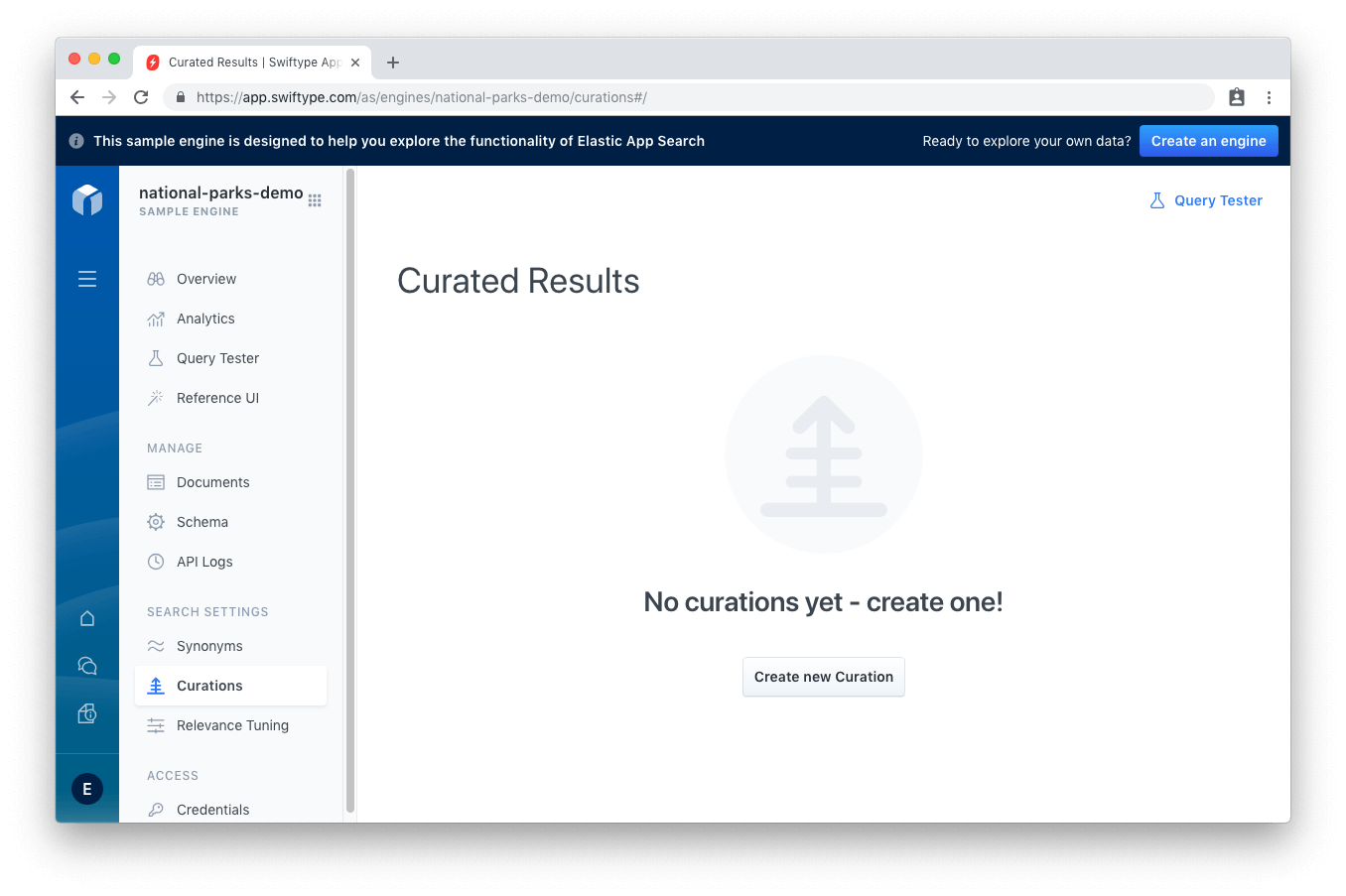 The empty view when you first click within Curations.