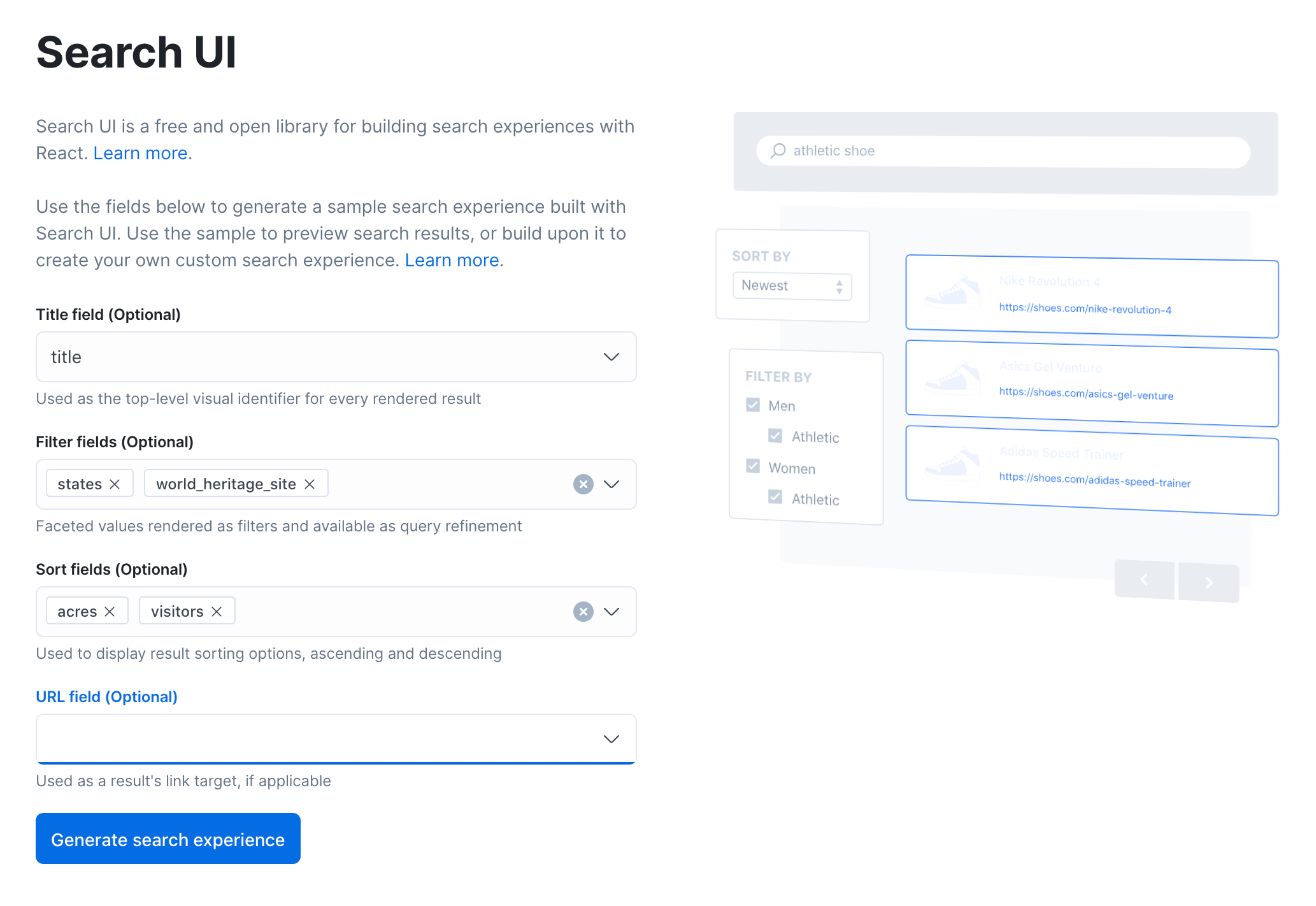 The Search UI form populated with fields matching the above National Parks schema. Details on the configuration can be sussed out from a soon-to-appear JSON object.