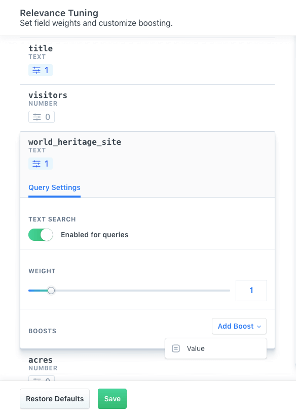 The empty view when you first click within Relevance Tuning.