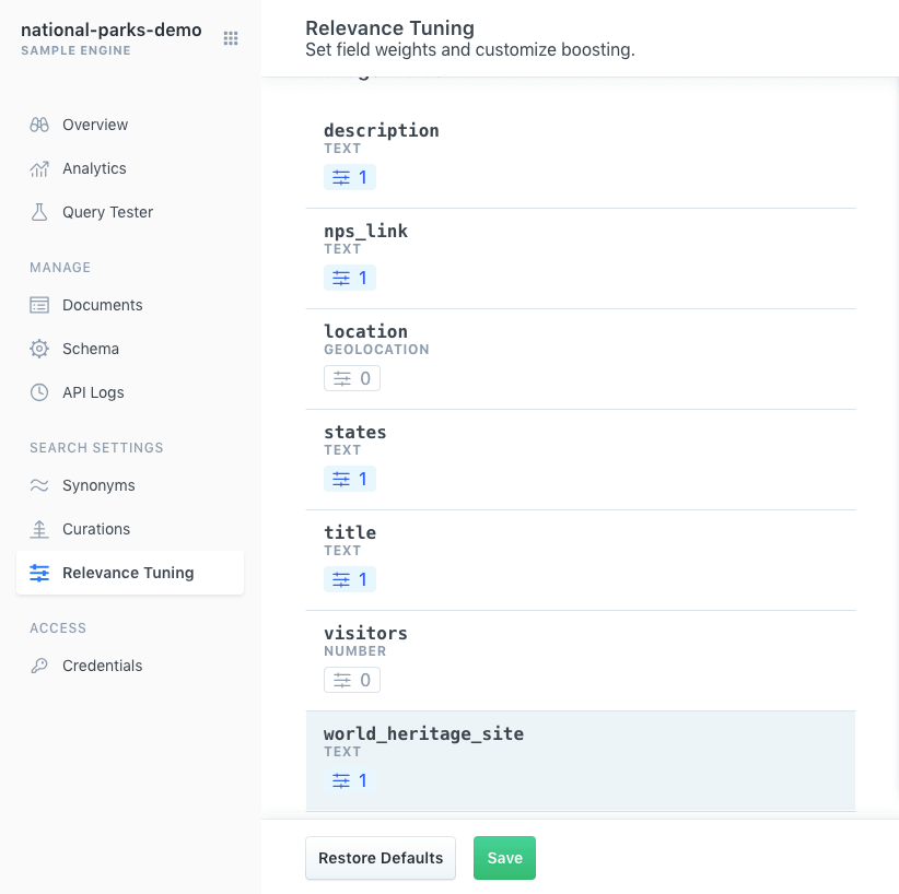 The empty view when you first click within Relevance Tuning.