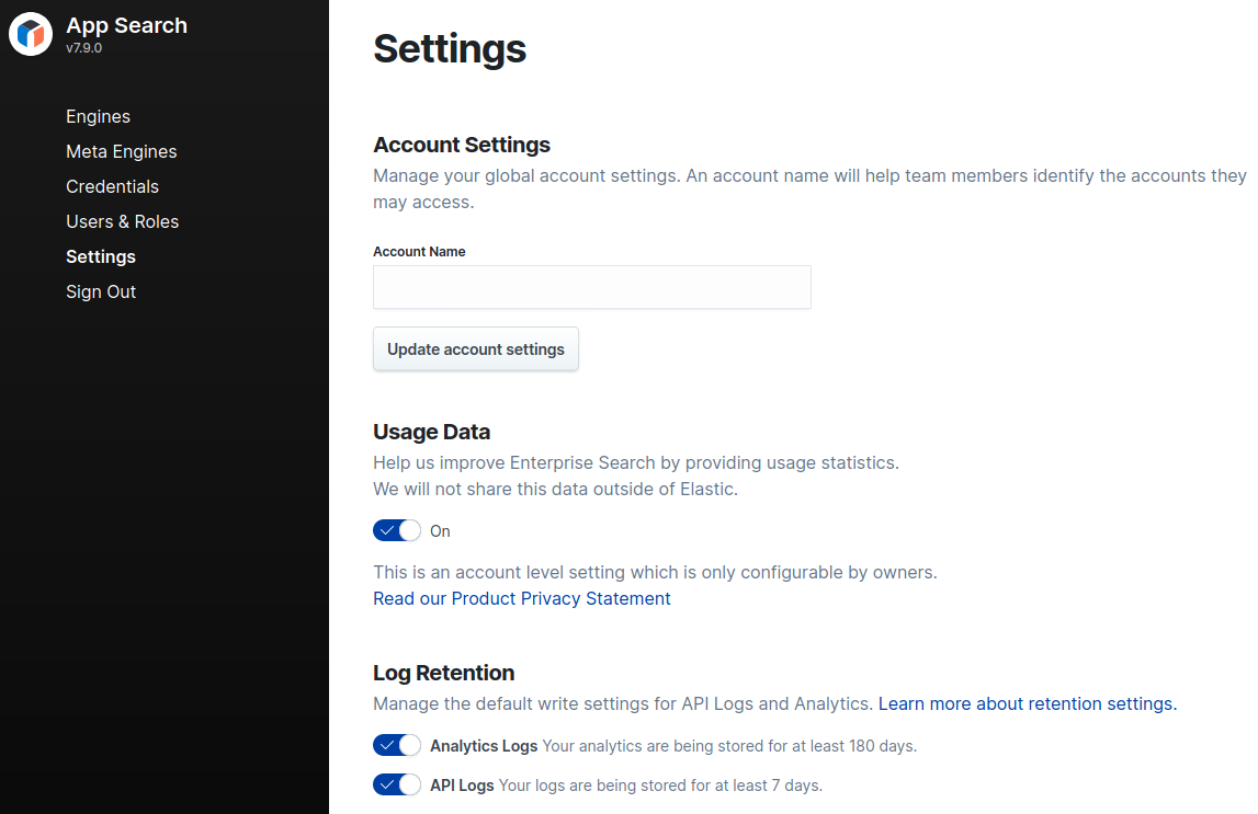 The Settings dashboard