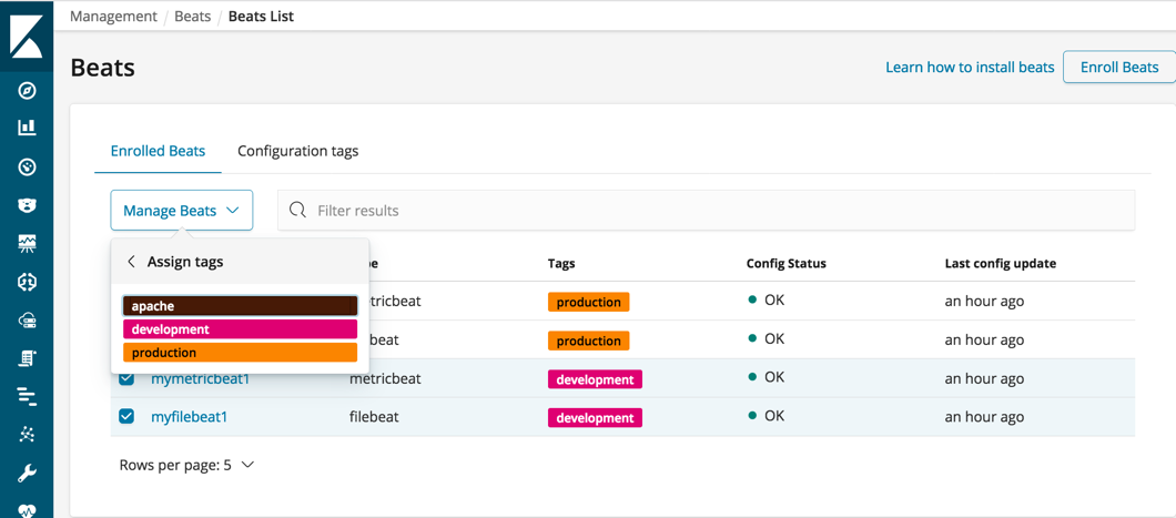 Screen showing Beats with development and production tags applied