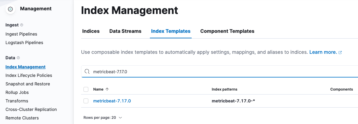 Screen capture showing that metricbeat-1.17.0 index template is loaded