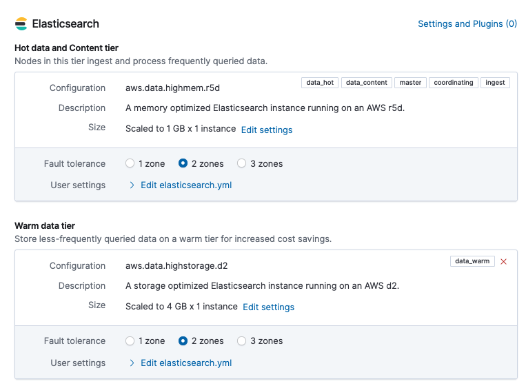 A screenshot showing sizing information for the autoscaled data tier