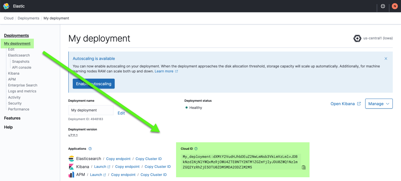 A picture highlighting the Cloud ID information available for the deployment