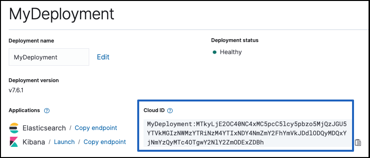 The Cloud ID and `elastic` user information shown when you create a deployment