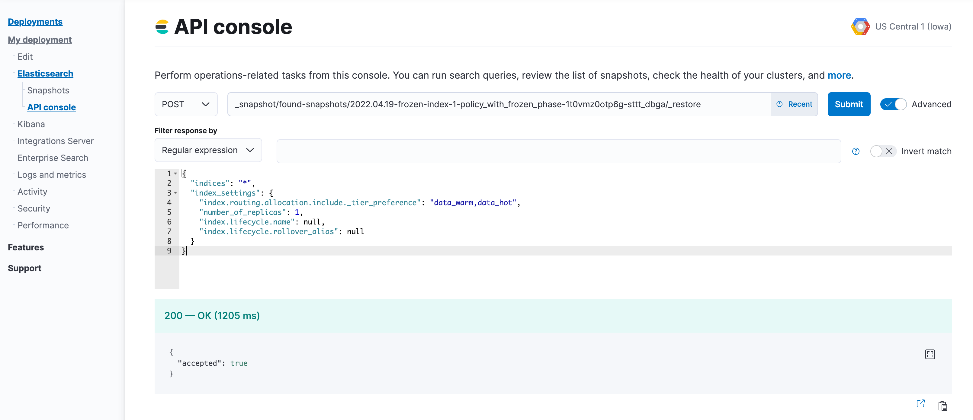 A screenshot showing the process of restoring a searchable snapshot to a regular index