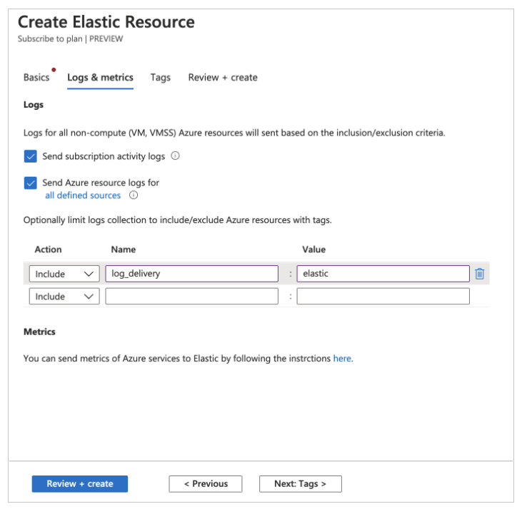 The Logs & Metrics tab on the Create Elastic Resource page