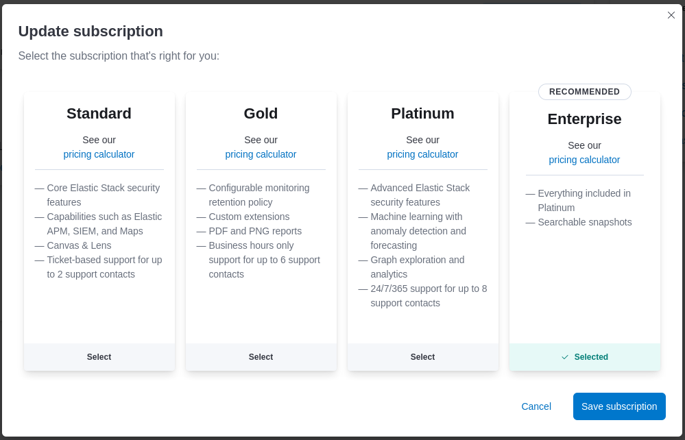 The Update Subscription page showing Standard