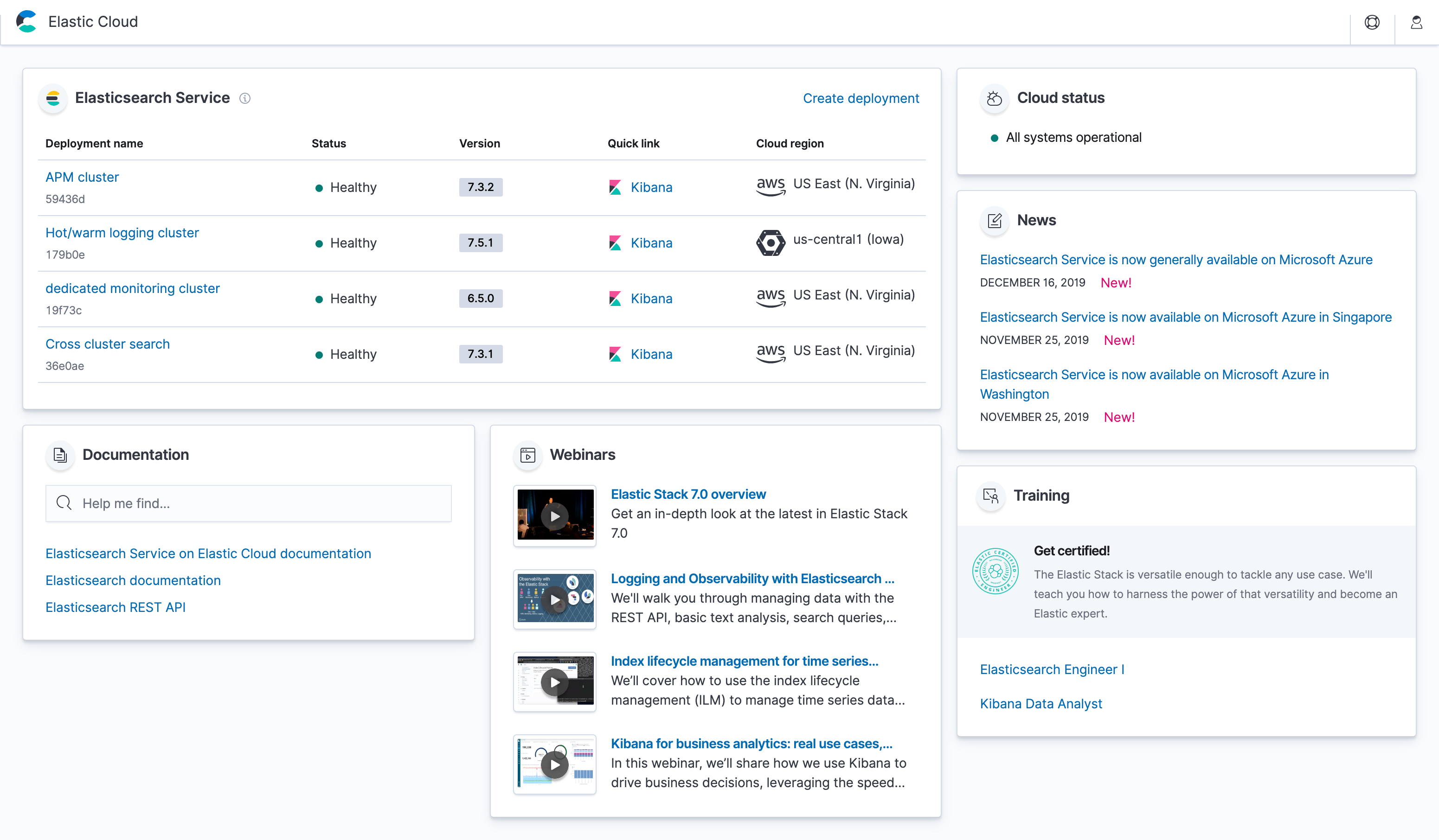 An image of the Elastic Cloud home page showing tiles for Elasticsearch Service