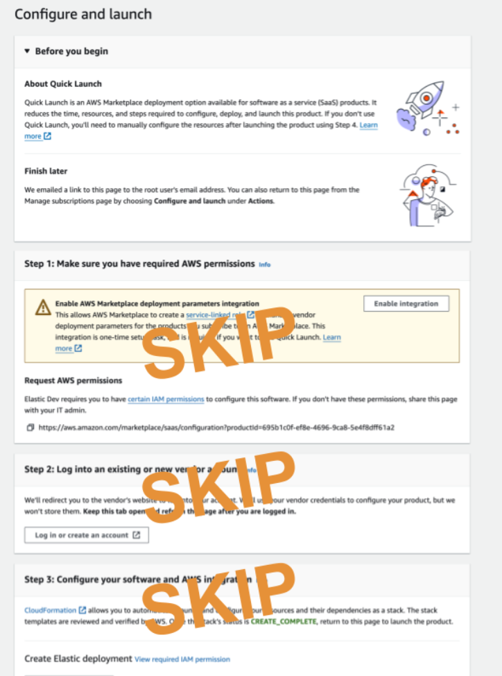 AWS panel with steps to skip