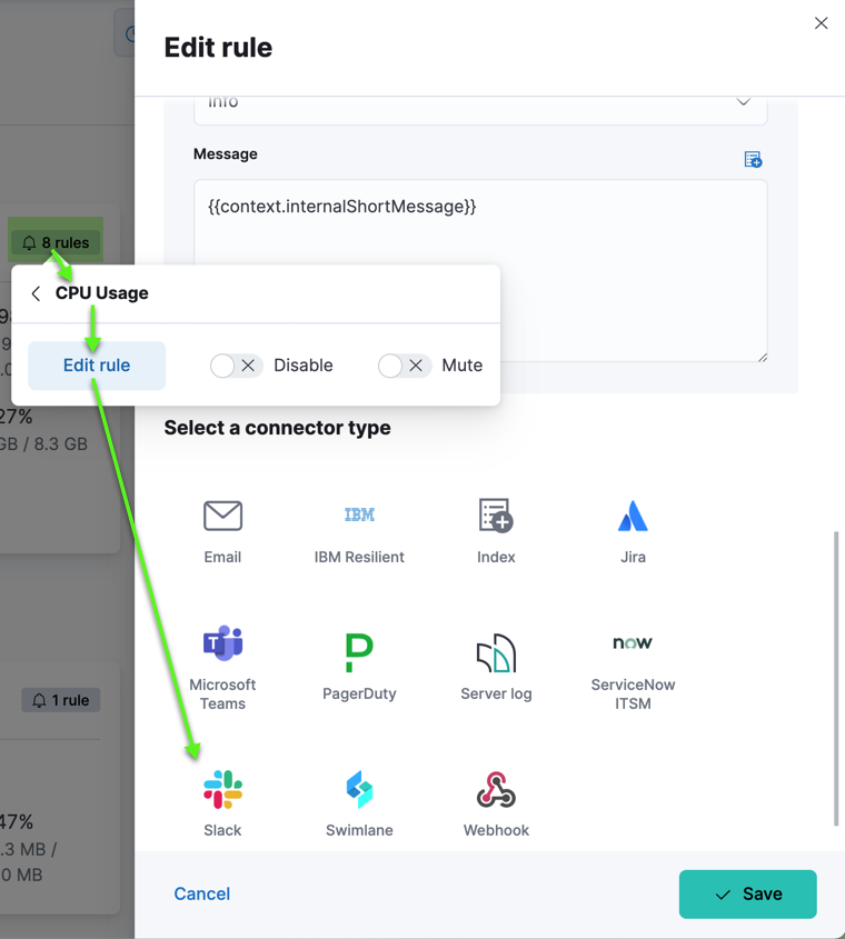 Alert rule example showing settings to send a Slack notification based on CPU Usage