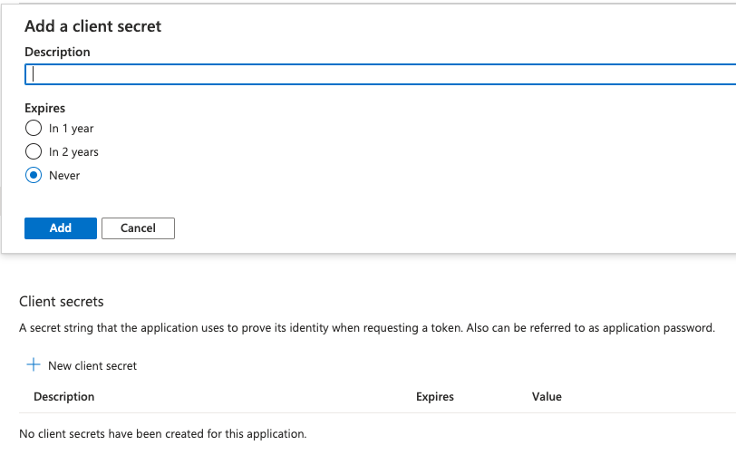 A screenshot of the Azure Add a Client Secret dialog