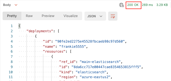 The status for the submitted request showing '200 OK' and the JSON response