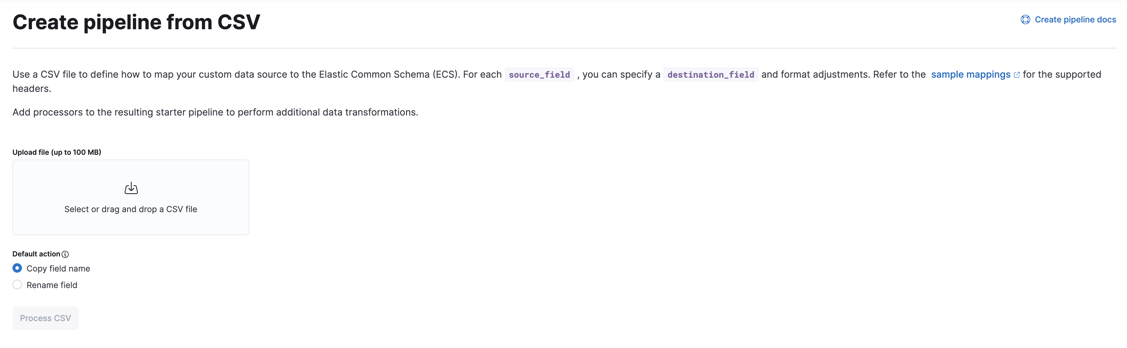 Create Pipeline from CSV in Kibana