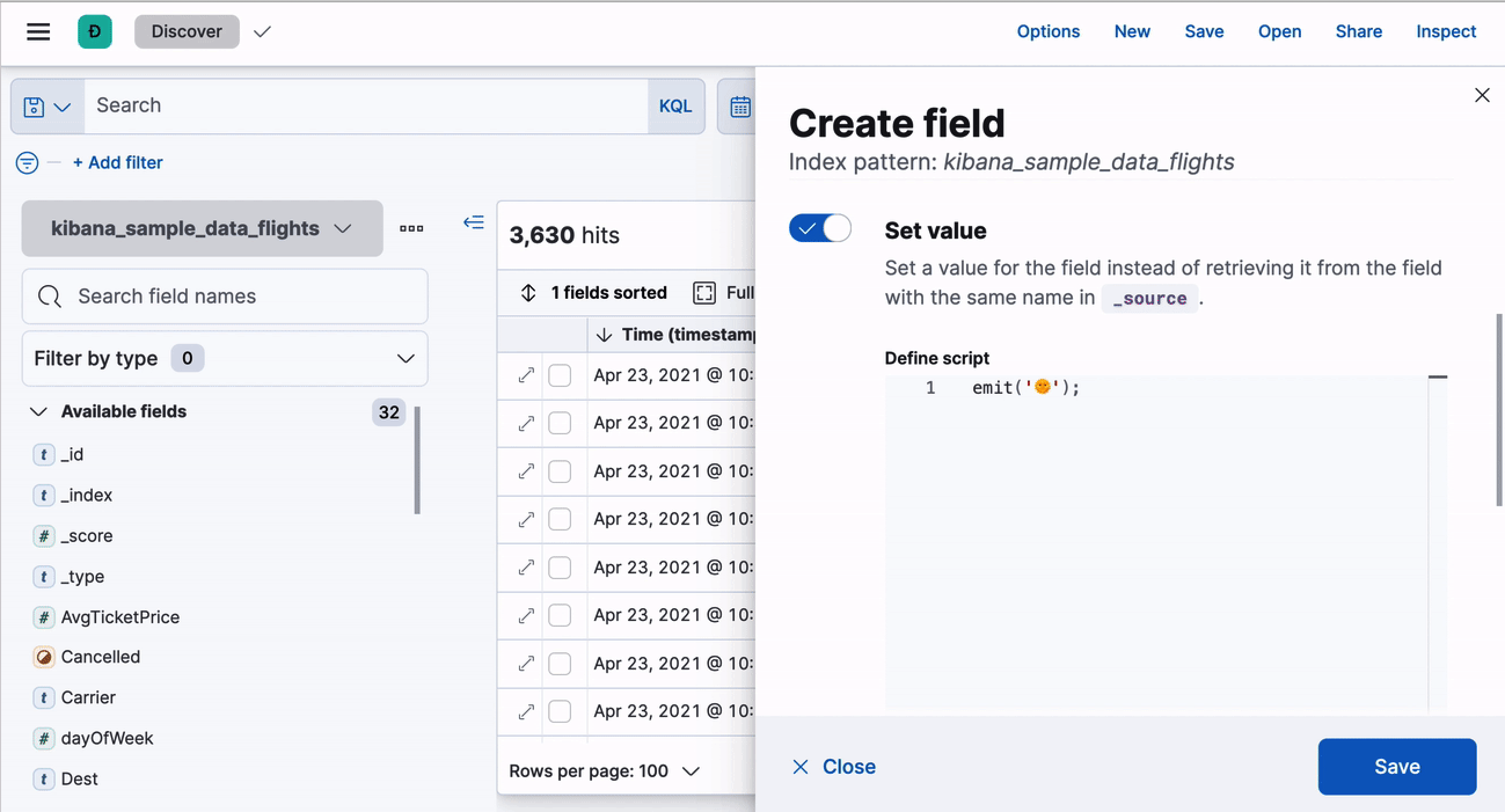 Create field form showing Painless script