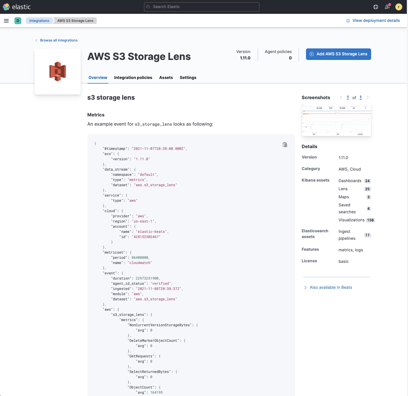 Adding AWS S3 Storage Lens integration to Elastic