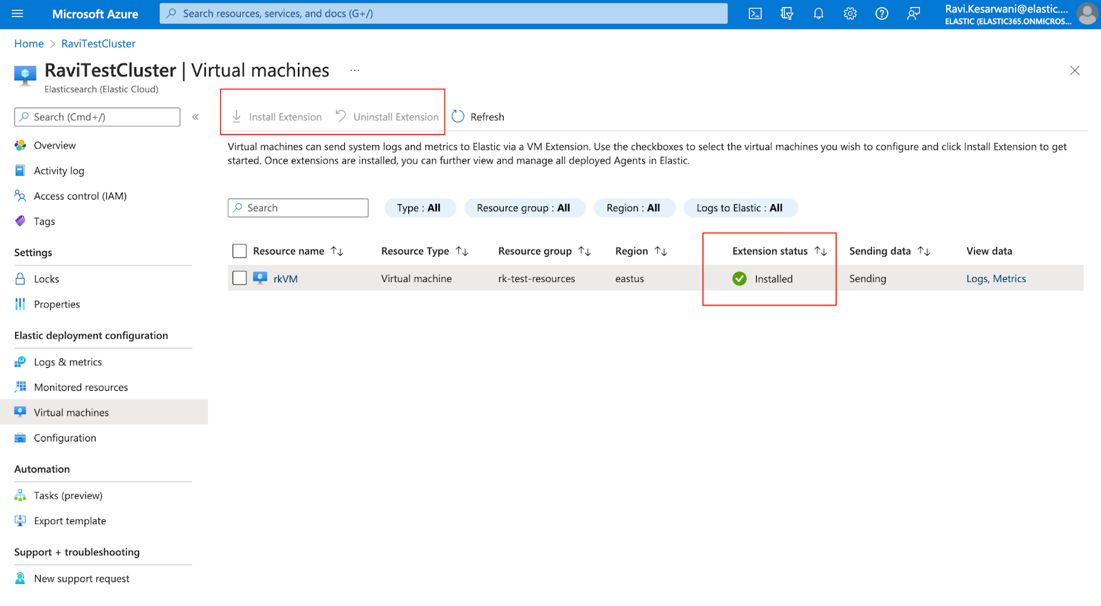 Elasticsearch VM extension installed on Azure