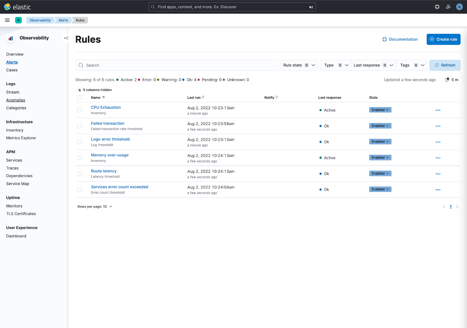 Observability Rules view