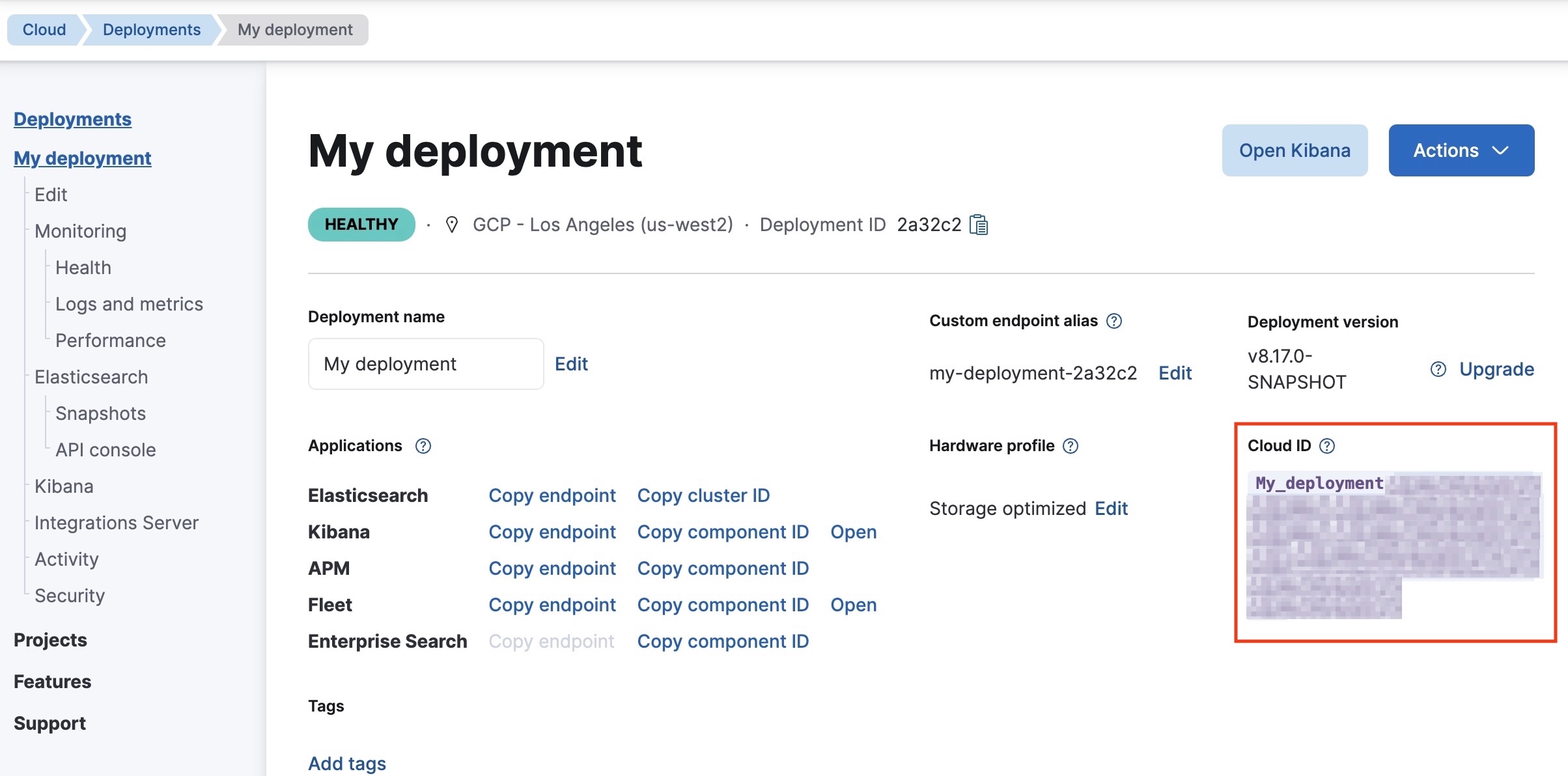 Cloud ID on the deployment page