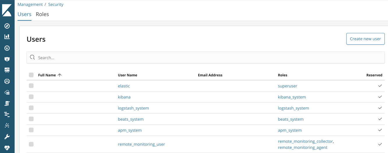 User management screenshot in Kibana