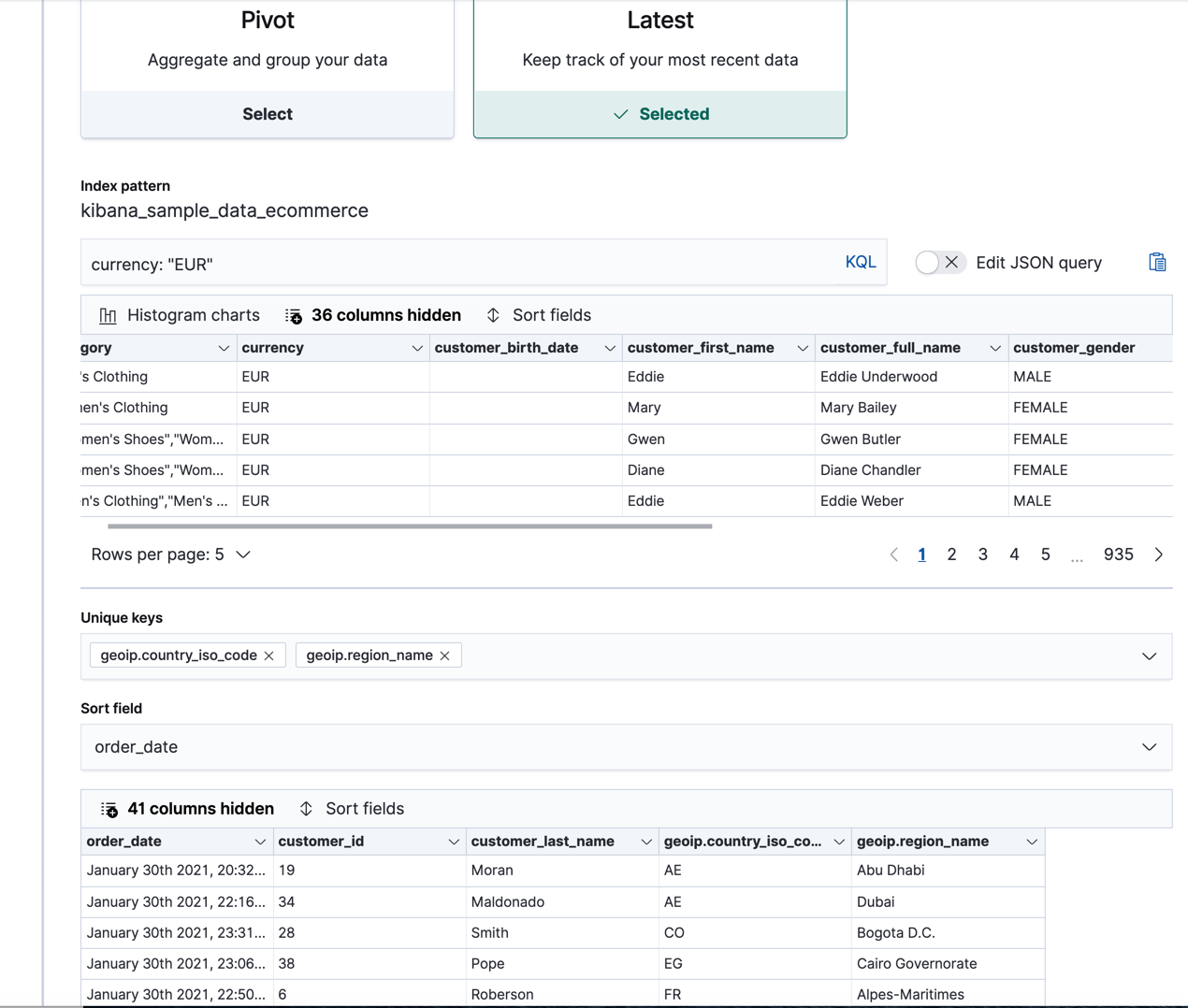 Creating a latest transform in Kibana