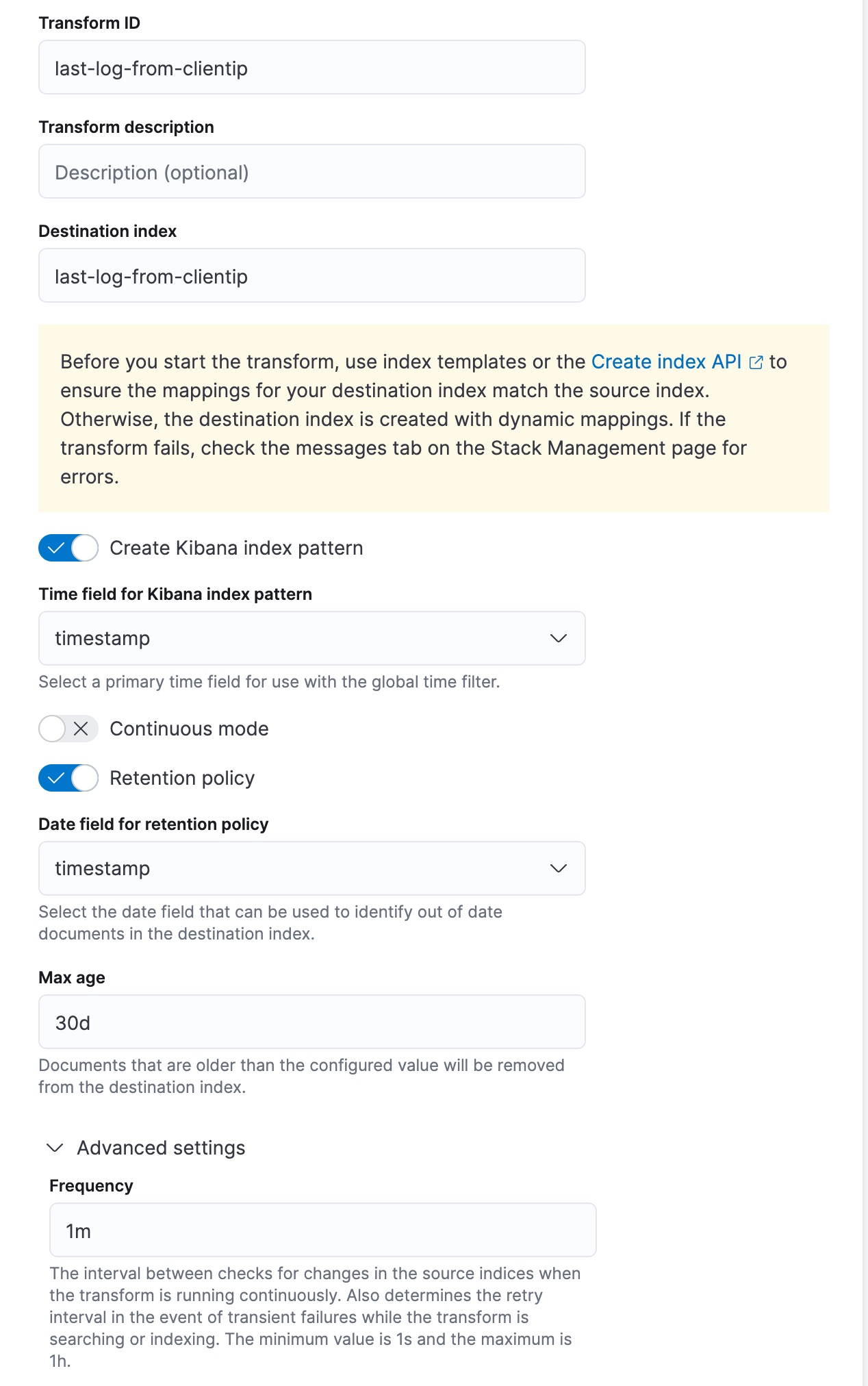 Defining retention policy for transforms in Kibana