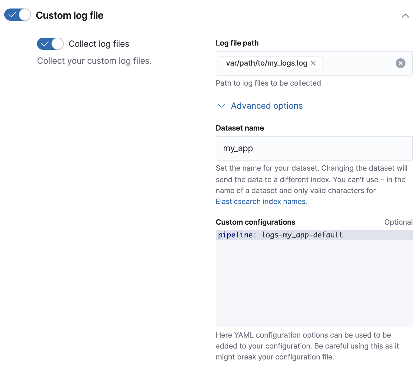 Custom pipeline configuration for custom log integration