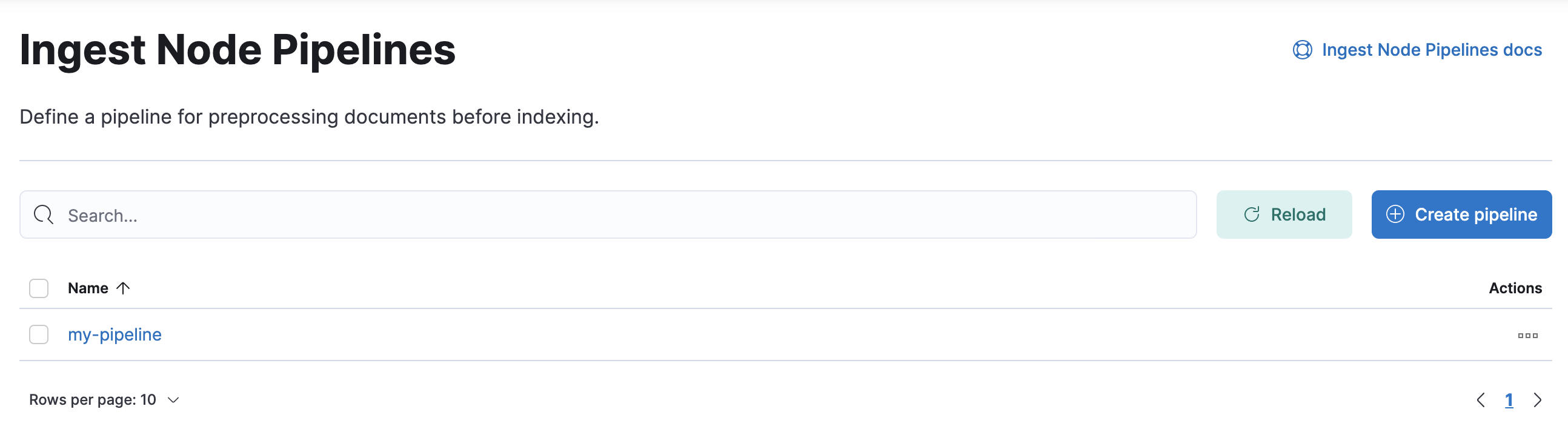 Kibana’s Ingest Node Pipelines list view