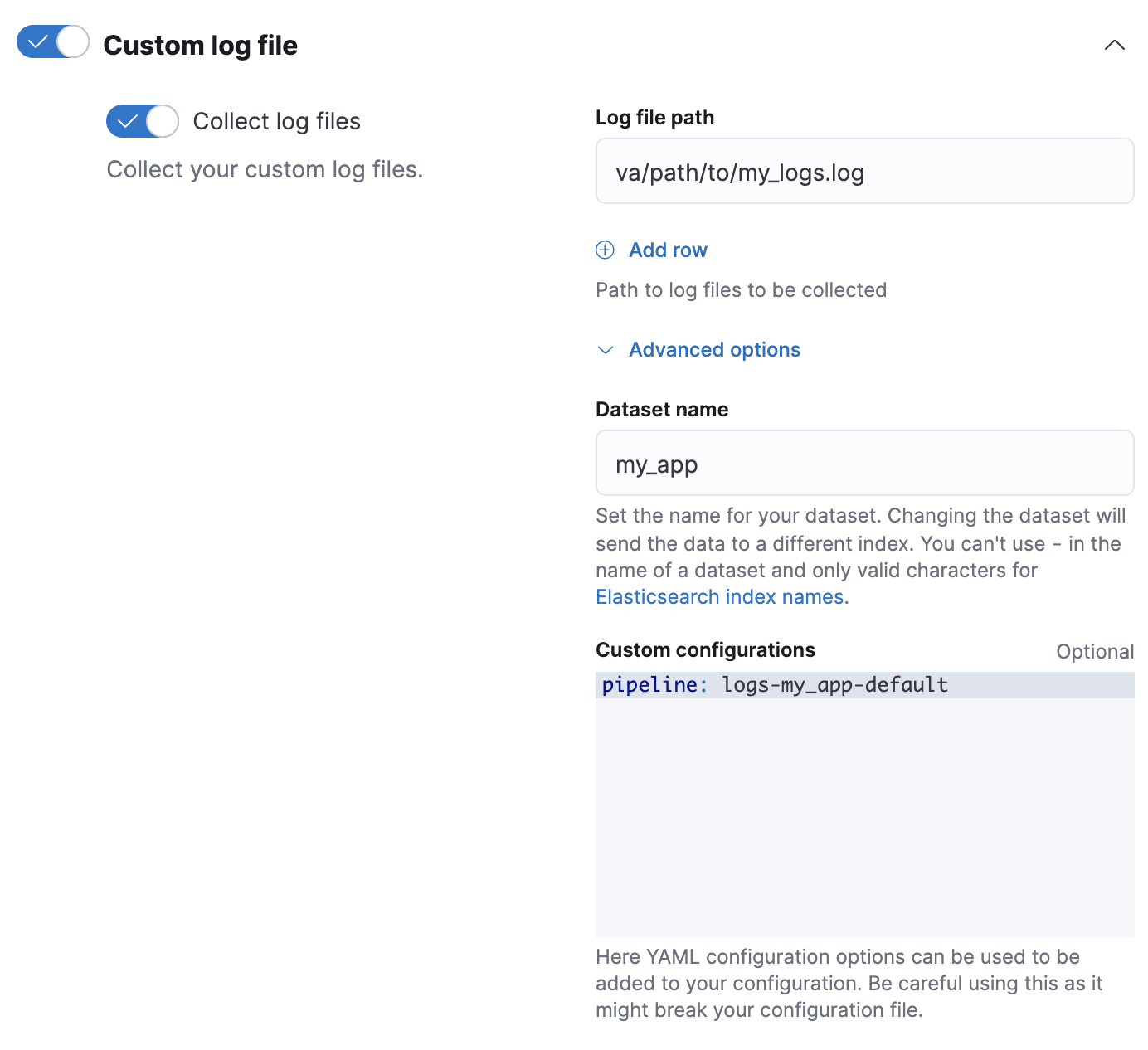 Custom pipeline configuration for custom log integration