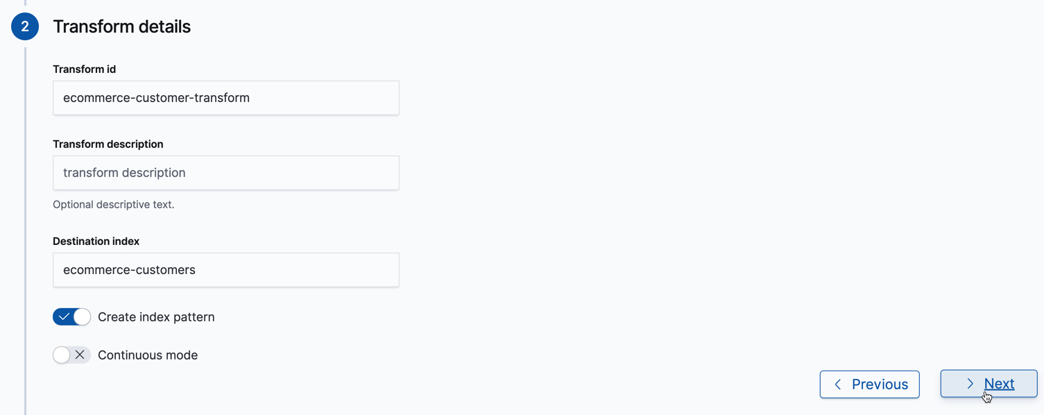 Specifying the transform options in Kibana