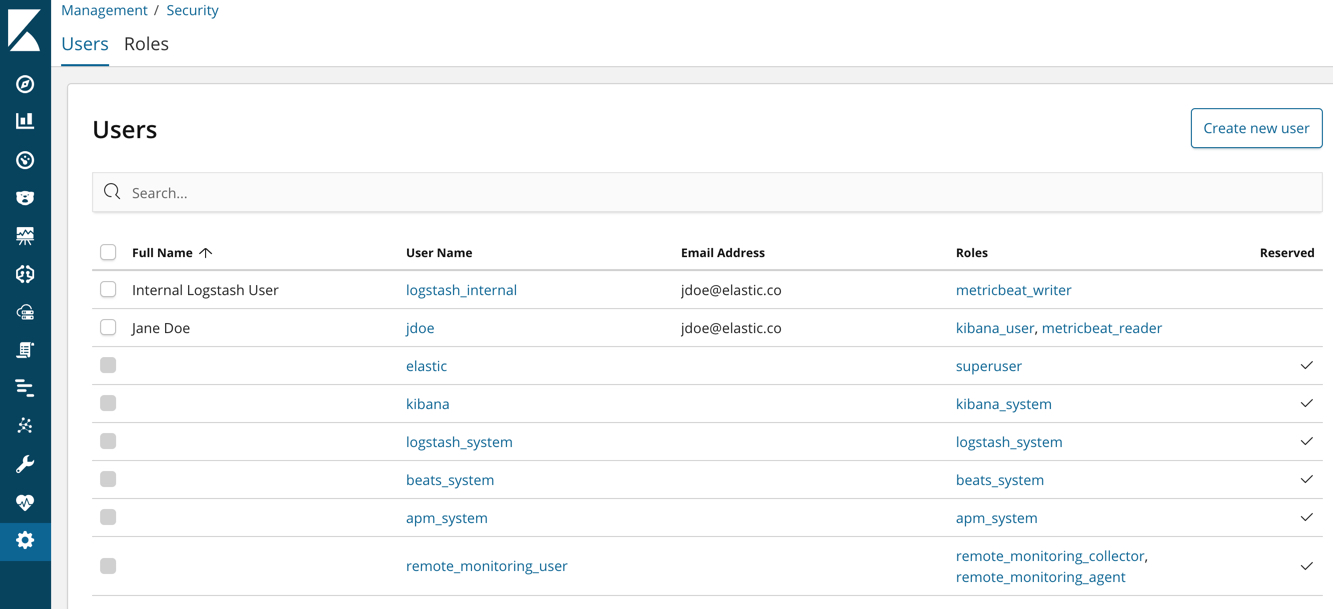 User management screenshot in Kibana