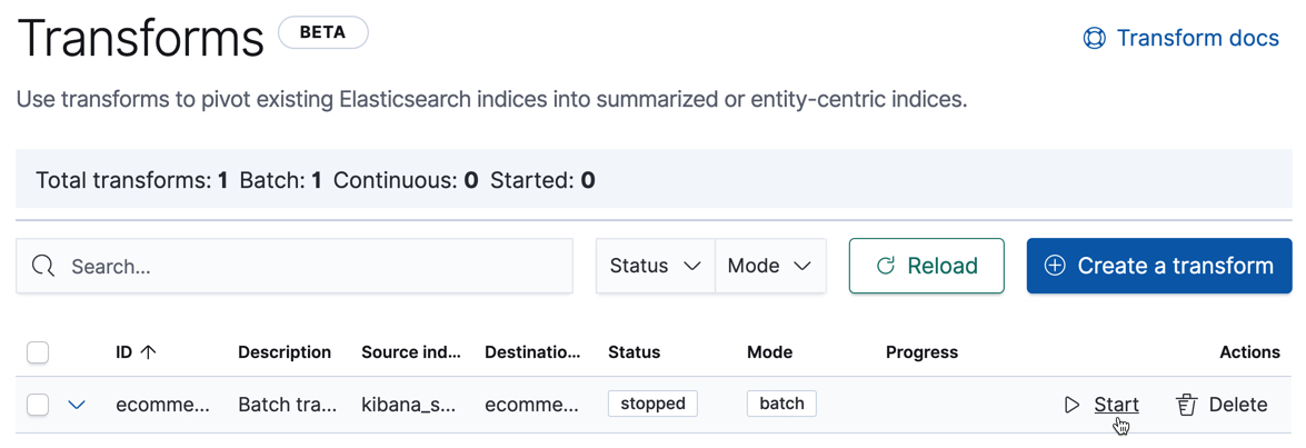 Managing transforms in Kibana