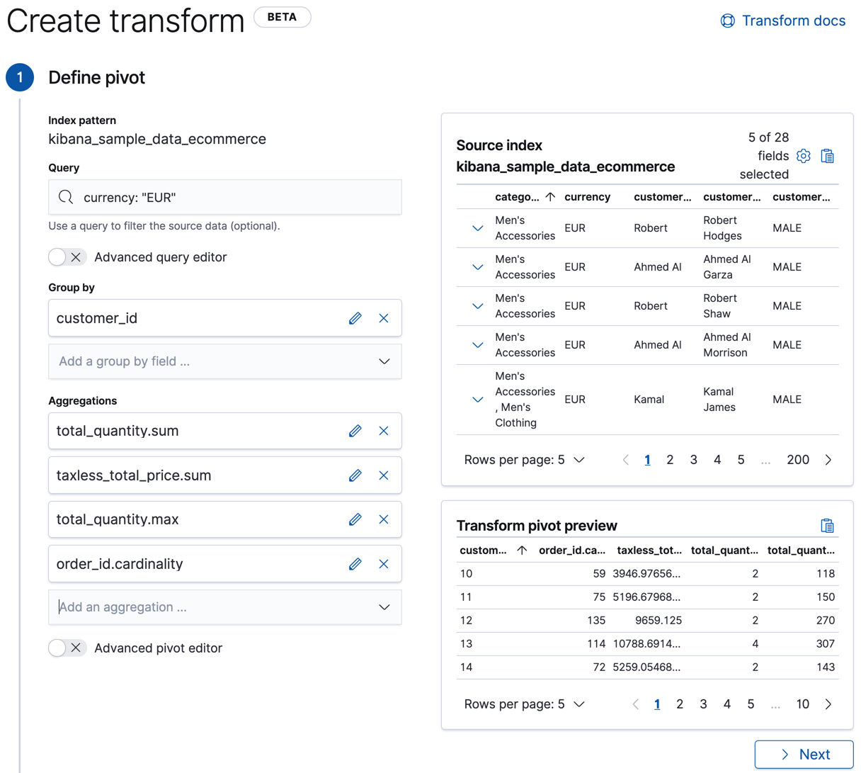 Adding multiple aggregations to a transform in Kibana