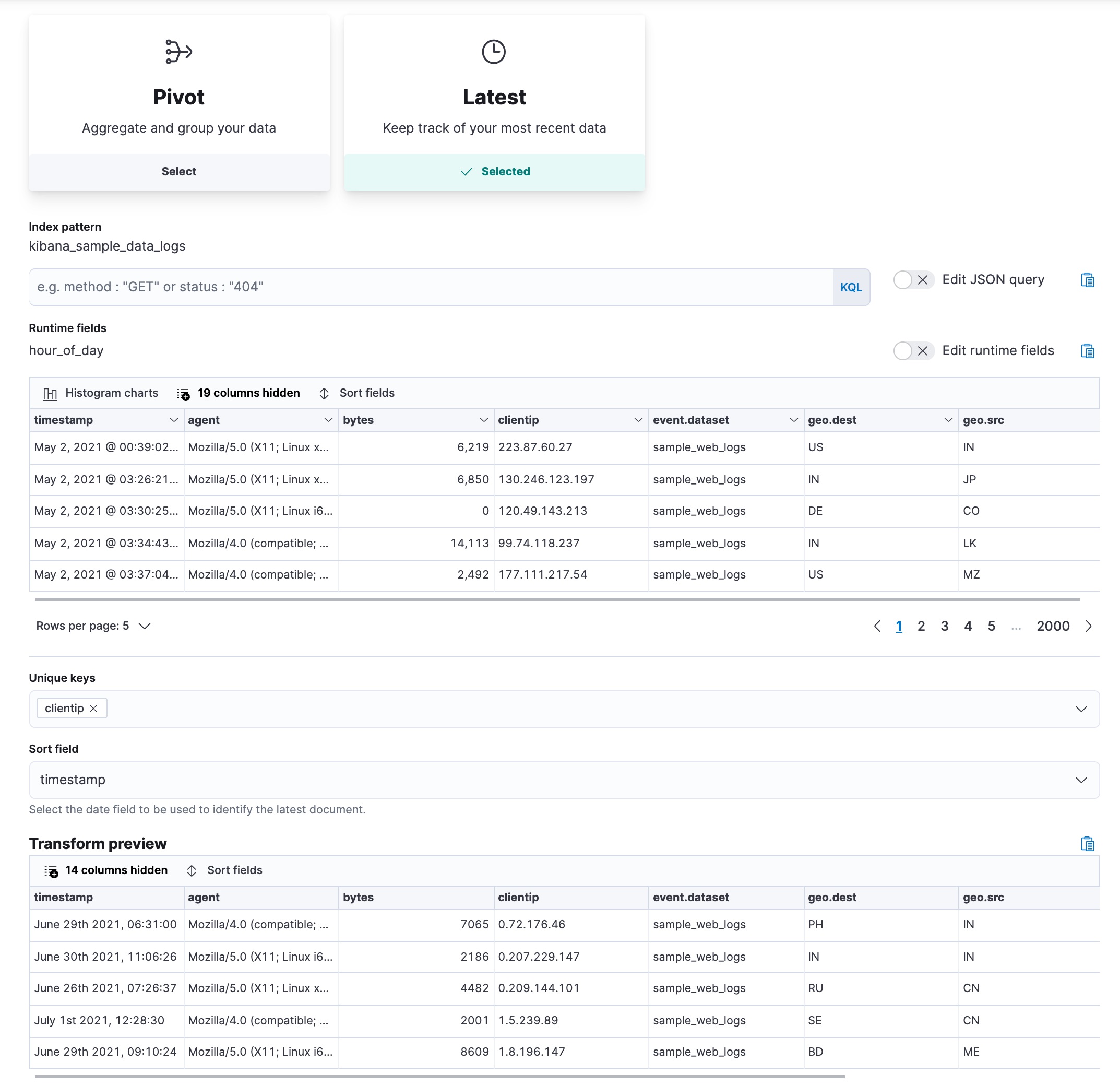 Finding the last log event for each IP address with transforms in Kibana