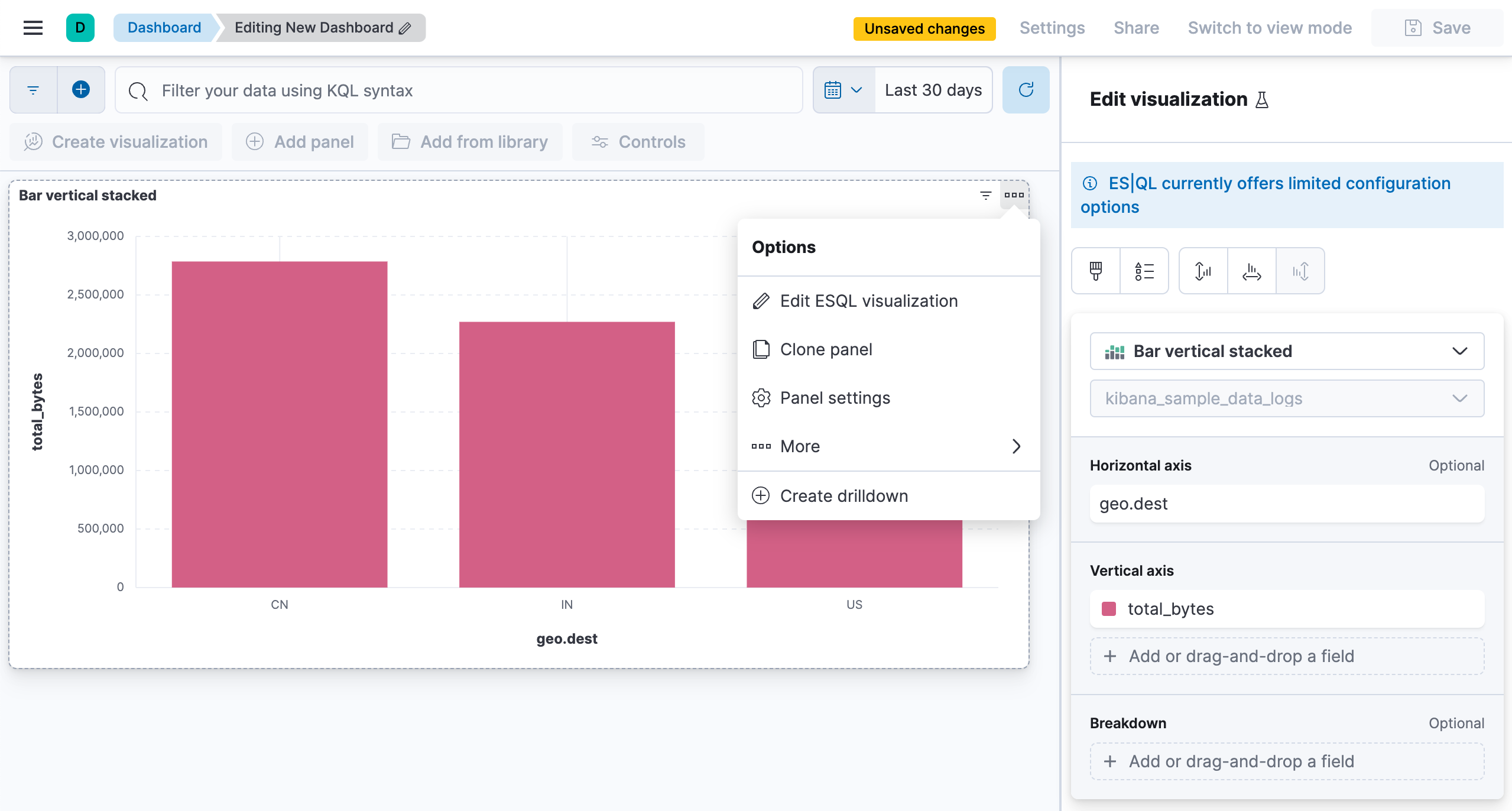 esql kibana edit on dashboard