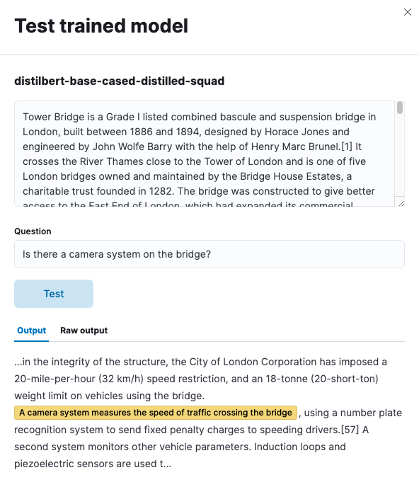 A screenshot of a question answering NLP task in Kibana