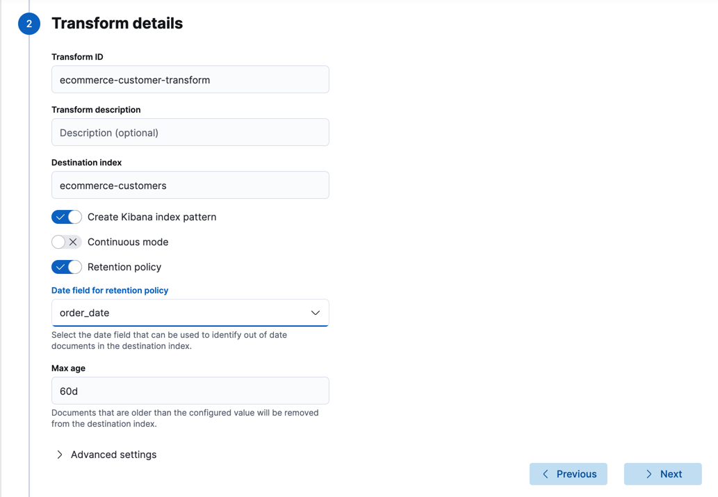 Adding transfrom ID and retention policy to a transform in Kibana