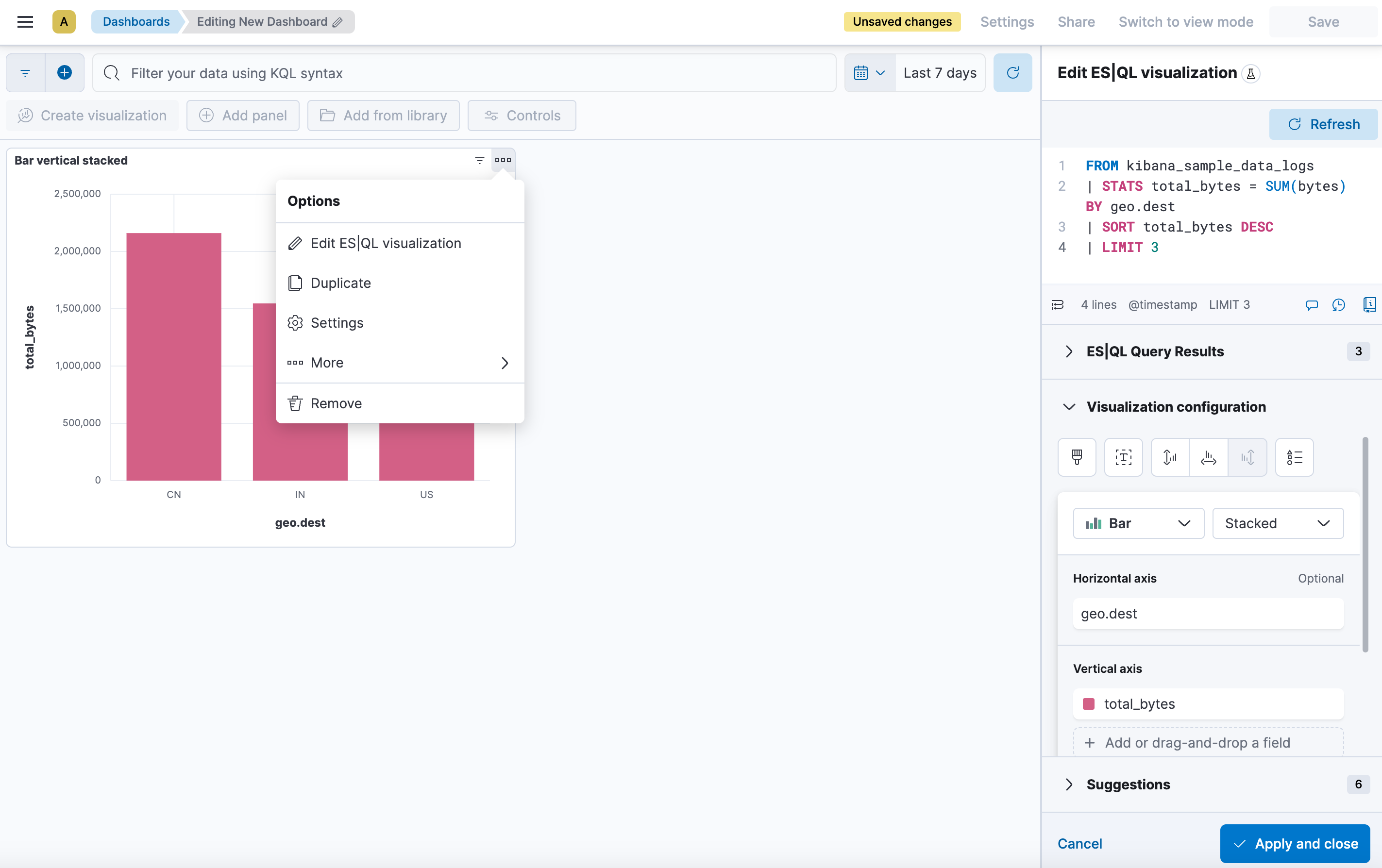 esql kibana edit on dashboard