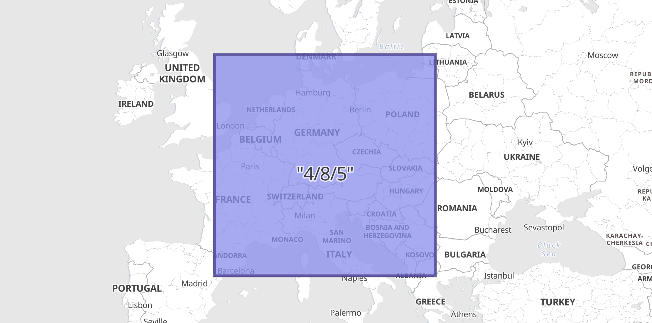 Kibana map with showing the geotile at 4/8/5 and its four child cells