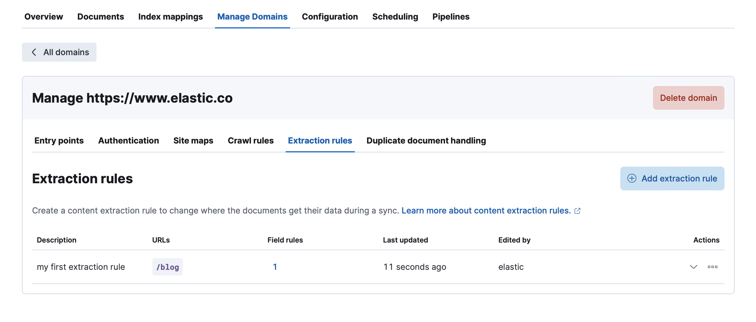 The web crawler extraction rules management UI