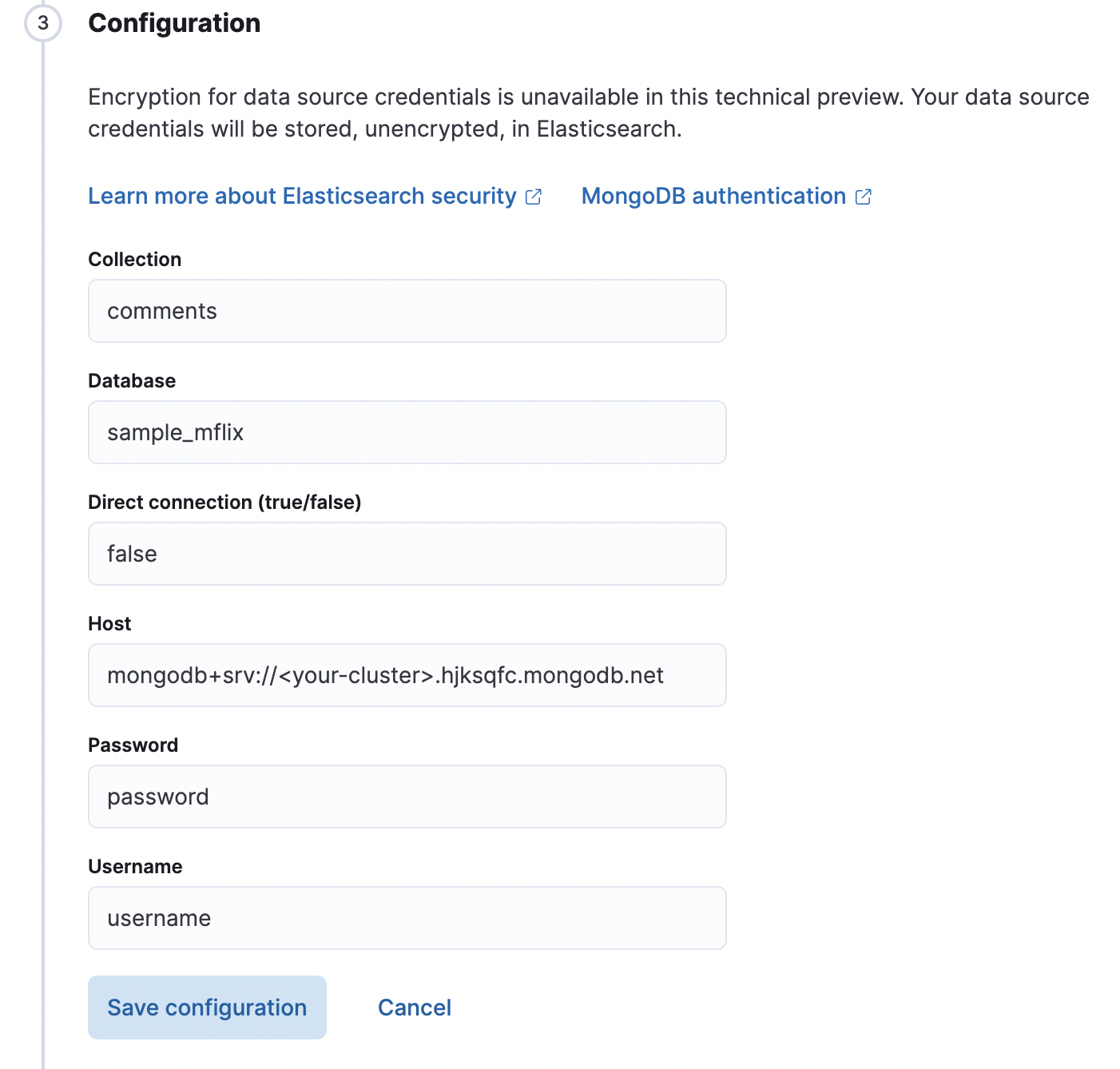 Example configuration for the MongoDB connector