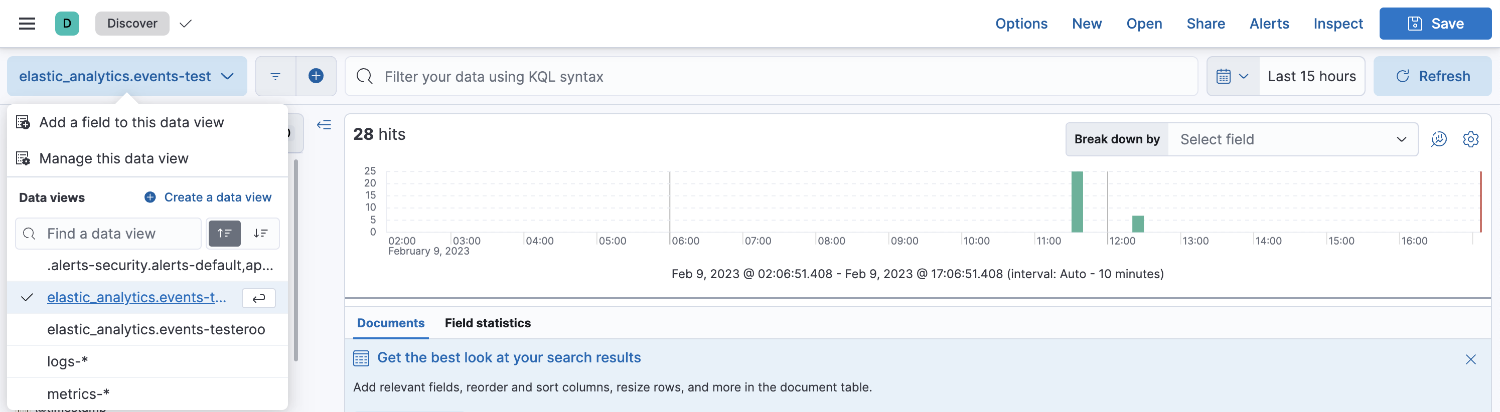 Analytics Discover app showing the data view dropdown menu